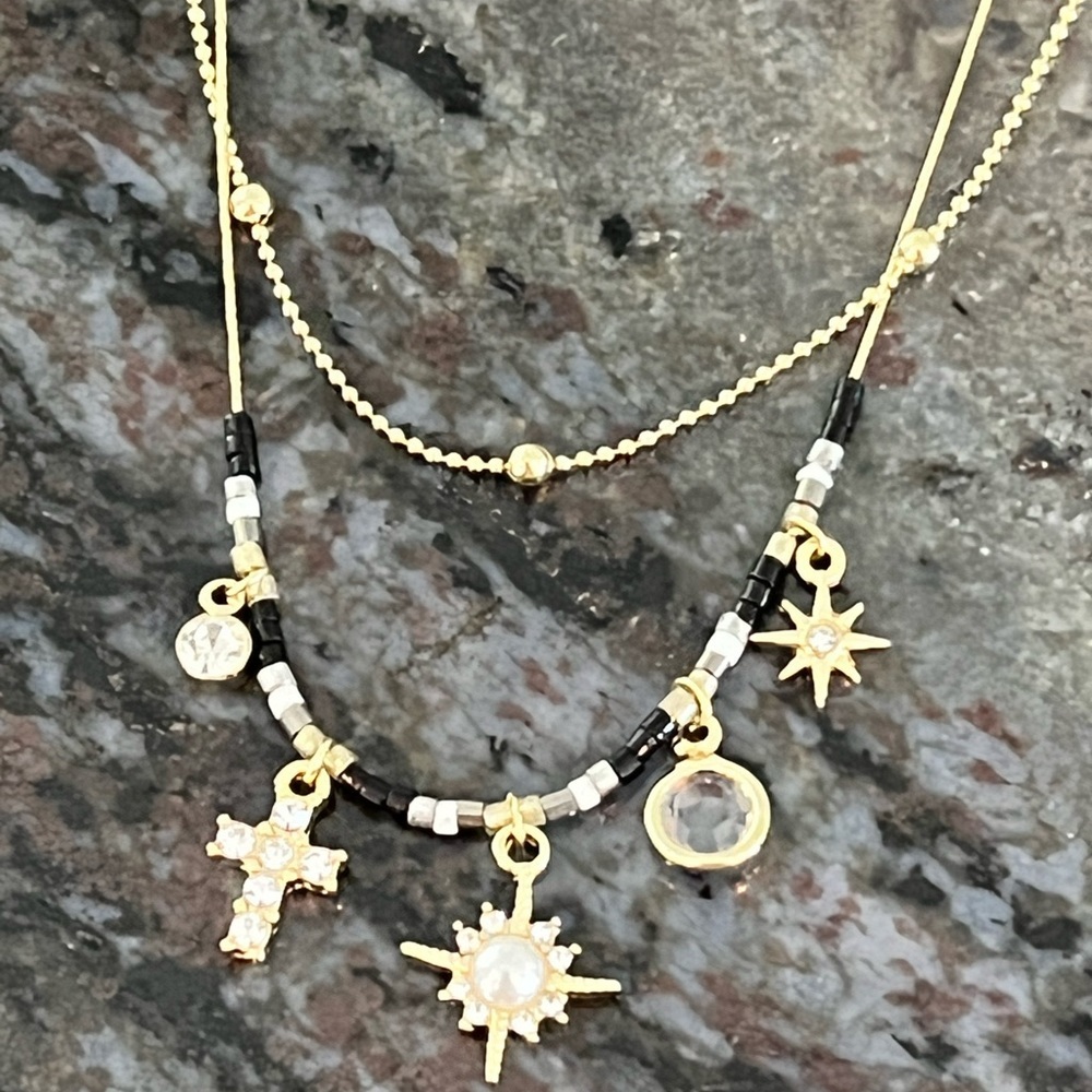 Goldtone Adjustable Layered Boho Beaded Necklace with 5 Charms, NWOTs